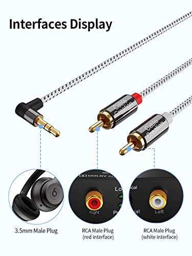 CableCreation 3.5mm to RCA Cable, Angle 3.5mm Male to 2RCA Male Auxiliary Stereo Audio Y Splitter Gold-Plated for Smartphones, MP3, Tablets, Speakers, Echo Dot, Home Theater, HDTV, 10FT/3M 3