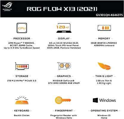 Asus Rog Flow X13 Amd Ryzen 7 Octacore 5800Hs (13.4 Inches 16 Gb/1 Tb Ssd/Windows 10 Home/4 Gb Graphics/Nvidia Geforce Gtx 1650/120 Hz) Gv301Qh-K6028Ts 2In1 Gaming Laptop (Off Black 1.30 Kg Ms Office) 6