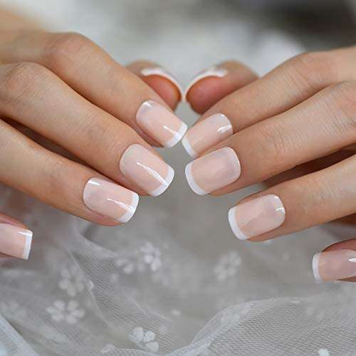 Beige French Nails White Tip Squoval False Nails Short Medium Size Ladies Artificial Manicure Tips for Daily Wear 6