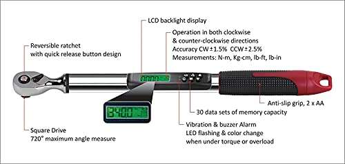 ACDelco ARM317-4A 1/2" Heavy Duty Angle Digital Torque Wrenches, Electronic Torque Wrench (1/2" 5.0 to 99.5 ft-lbs.) 3