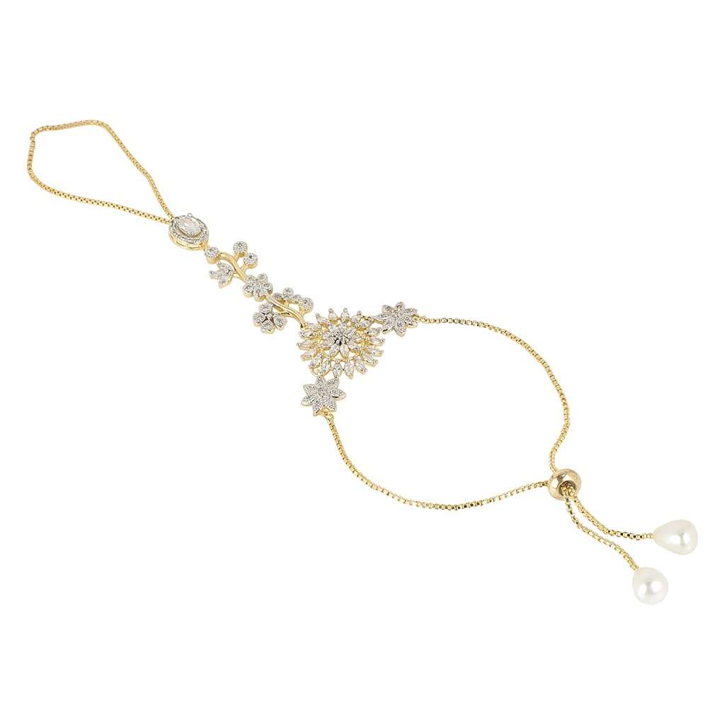G J GLORY JEWELS Traditional Gold Plated Embellish With Kundan & Pearl Adjustable Haath Phool/Panja Bracelet for Women (Pack Of 1)