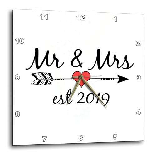3dRose Wall Clock Silent - 10 inch - Mr and Mrs Est 2019 Black Lettering and Arrow with red Heart on White. - Stamp City - Typography 1