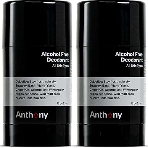 Anthony Alcohol-Free Aluminum-Free Deodorant for Men, Non-Irritating Cool Gel Stick for Sensitive Skin, Sport Strength Formula Prevents Odor All Day, Clear Stain-Free Finish, 2.5 Fl Oz Each, Pack of 2
