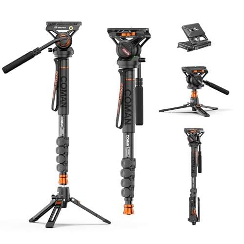 Monopod, COMAN KX3232 73.2 inch Professional Monopod Tripod Lightweight Aluminum Telescopic Camera Monopod with feet and Pan Tilt Fluid Head for DSLR Video Cameras