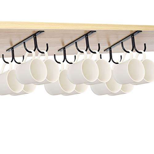 Mocoum Under Cabinet Mug Rack, Rustic Mug Organizer Rack Cup Holder Under Shelf 12 Hanging Hooks Rack for Mugs, Coffee Cups and Kitchen Utensils Display (Black-3 Pack-12 Hooks) 2