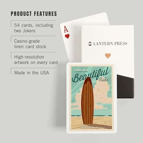 Santa Barbara, California, Life is a Beautiful Ride, Surfboard, Letterpress Press (52 Playing Cards, Poker Size Card Deck with Jokers) 3