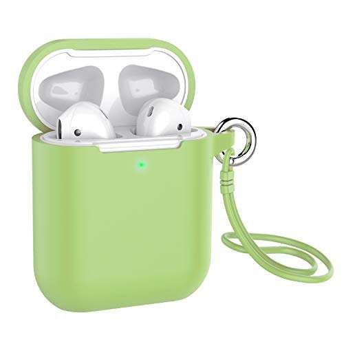 Airpods Case, Music tracker Protective Thicken Airpods Cover Soft Silicone Chargeable Headphone Case with Anti-Lost Carabiner for Apple Airpods 1&2 Charging Case (Matcha Green) 2