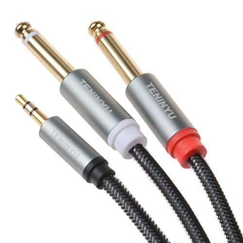 TENINYU 3.5mm 1/8" TRS to Dual 6.35mm 1/4" TS Mono Stereo Y-Cable Splitter Cord Compatible for iPhone, iPod, Computer Sound Cards, CD Players, Multimedia Speakers and Home Stereo Systems (6FT) 6