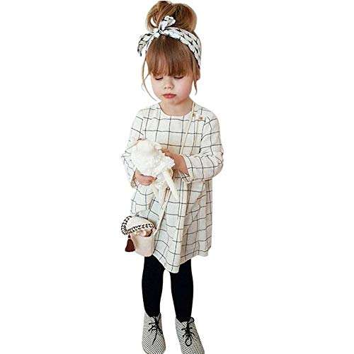 Cute Toddler Kids Baby Girls Long Sleeve Plaid Dress+Headband Outfit Clothes Set (3-4T, White) 1