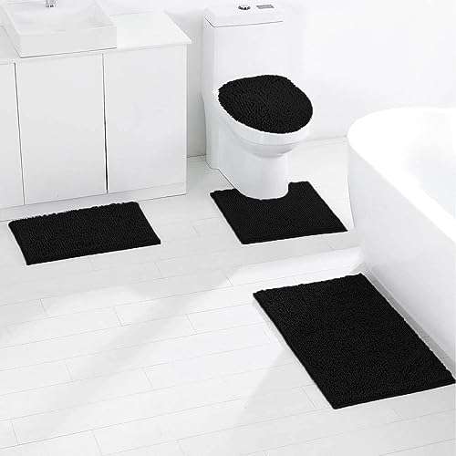 Bathroom Rugs Sets 4 Piece, Chenille Bath Rug Non-Slip Bath Mats with Soft Plush PVC Backing Water Absorbent Carpet 1'' Quick Dry Microfiber Toilet Mat, Black 2