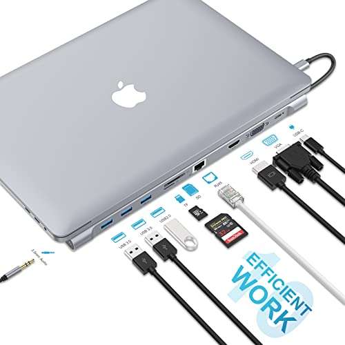 HOPDAY USB C Adapter - 10-in-1 Multiport Hub for MacBook Pro/Air - USB C Docking Station with Dual Display, USB Ports, HDMI, VGA, PD 100W, Ethernet, SD/TF Card Reader, 3.5mm Audio, Dongle for Laptop 6