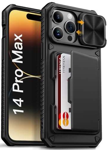 Vihibii for iPhone 14 Pro Max Back Cover with Card Holder (4 Cards) [RFID Blocking] & Slide Camera Cover, Military Grade Drop Protection, Rugged Hard Back & Silicone Edge Wallet Phone Case 6.7", Black 1