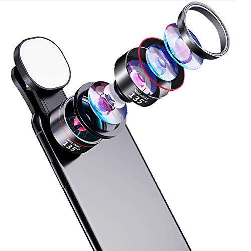 Monocular Lens Kit for Smart Phone Phone Camera Lens 180░Fisheye Lens 20X Macro Lens 135░Wide-Angle Lens with Fill Light for Bird Watching/Concert 1