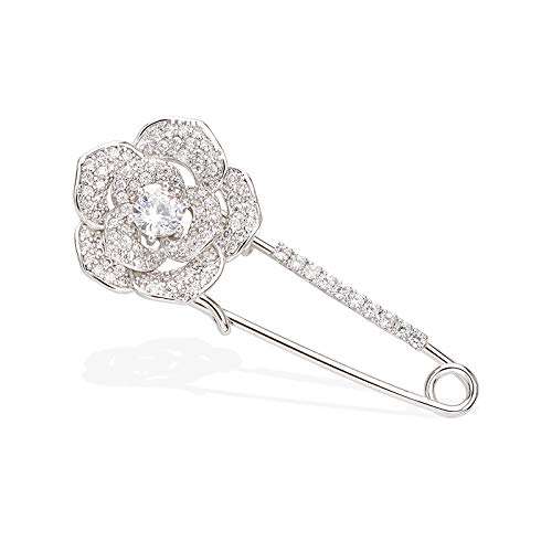 YYBONNIE Silver Tone Sparking Micro Pave Layered Petal CZ Rose Flower Cardigan Sweater Safety Pin Brooch 1