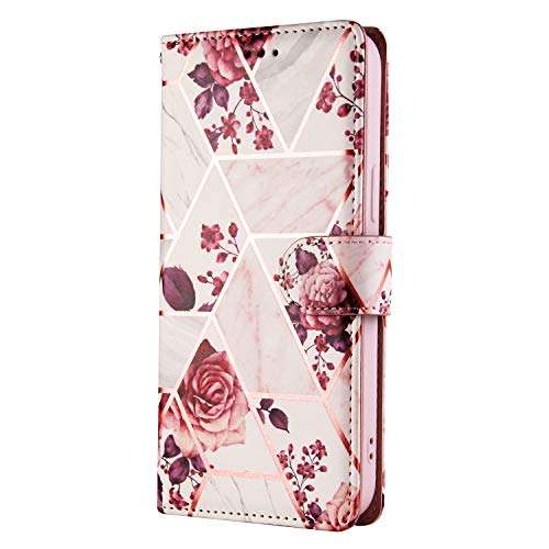 EYZUTAK Case for Samsung Galaxy A21S, Premium PU Leather Golden Embossed Geometric Marble Pattern Wallet Case with Detachable Wrist Strap, Magnetic Closure Card Slots Flip Case - Purple Flower 6