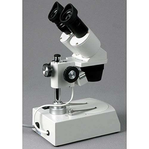 AmScope SE305-P Binocular Stereo Microscope, WF10x Eyepieces, 10X and 30X Magnification, 1X and 3X Objectives, Upper and Lower Halogen Lighting, Reversible Black/White Stage Plate, Pillar Stand, 120V 4