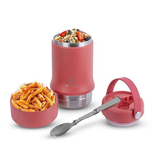 Ideus Soup Thermo with Foldable Spoon and Bowl 20oz, All-in-one Insulated Bento Lunchbox Stainless Steel Leakproof Portable Soup Container Vacuum Thermal Food Jar for Lunch, Red 1