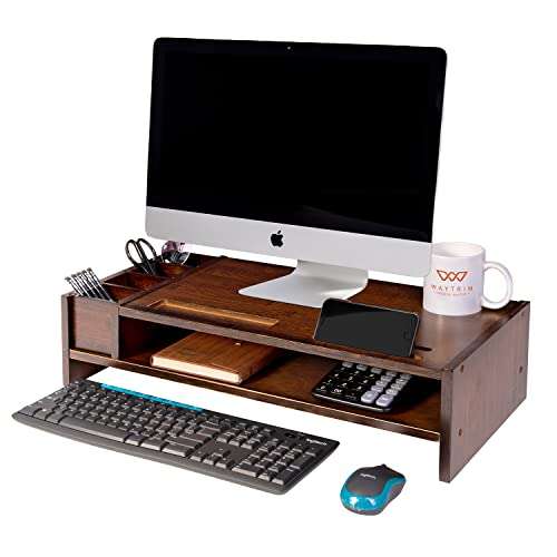 WAYTRIM 2-Tier Bamboo Monitor Stand, Wood Computer Monitor Riser, Wooden Desk Organizers with Adjustable Storage Accessories Shelf for iMac, Laptop, Printer - Classic Antique Brown 1