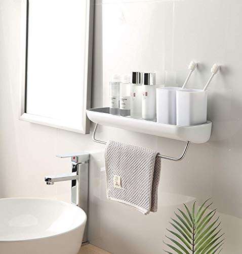 ZEEBLY Self Adhesive Bathropom Shelves with Hooks, Shower Caddy Shelf Organizer, No Drilling Wall Mount Shower Storage Accessories (AV 190 Towel With Rack) 5