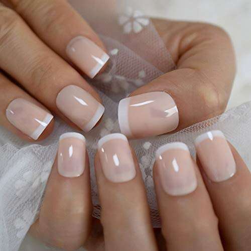 Beige French Nails White Tip Squoval False Nails Short Medium Size Ladies Artificial Manicure Tips for Daily Wear 4