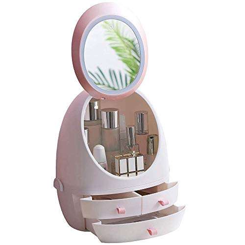 The gaaza Store Makeup Mirror Organizer with Light LED Portable Adjustable Dressing Table Desktop Finishing Box Jewelry and Cosmetic Storage Display Case for Bathroom Dresser