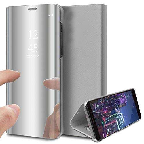 QIVSTARS Case for OnePlus 7T Pro Cool Style Clear View Window Electroplate Plating Stand Scratchproof Full Body Protective Flip Ultra Slim Cover for OnePlus 7T Pro PU Mirror:Silver QH 1