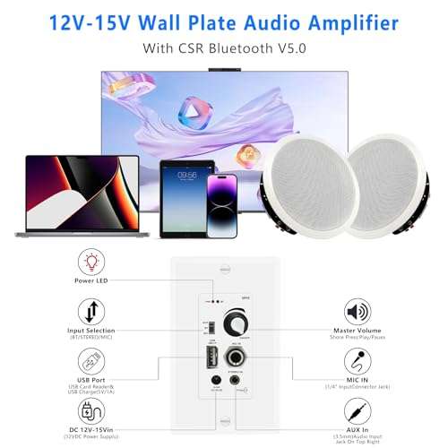 PNWCZ 6.5 Inch Bluetooth Ceiling Speakers 300W 2-Way Flush Mount Plus Wall Mount with in Wall Amplifier Receiver Perfect for Home Theater Office Bathroom(2 Speakers) 6