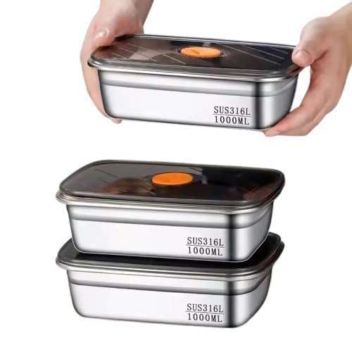 Marve Fridge Storage Box 1000 Ml 316 Stainless Steel Food Storage Containers | Food Grade, Leakproof Kitchen Organizer | Freshness Locking, Microwavable & Freezer Safe, Silver With Lid (3 Pcs) 1