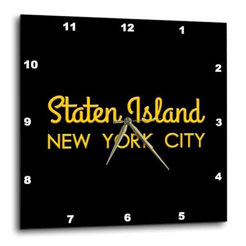 3dRose Wall Clock Silent - 13 inch - Staten Island, New York City Borough. Patriot Home Town Gift, Charm - Alexis Design - American Cities Yellow on Black 1