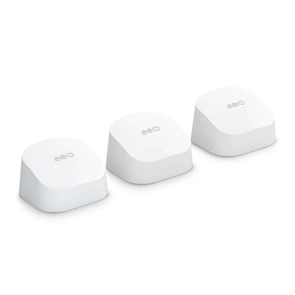 Amazon eero 6 mesh Wi-Fi system | Supports speeds up to 500 mbps | Connect to Alexa | Coverage up to 4,500 sq. ft. | 3-pack, three routers 2