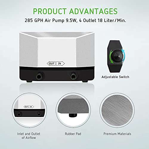 VIVOSUN 285 GPH Air Pump 9.5W 4 Outlet 18 Liter/Min for Aquarium and Hydroponic Systems 5