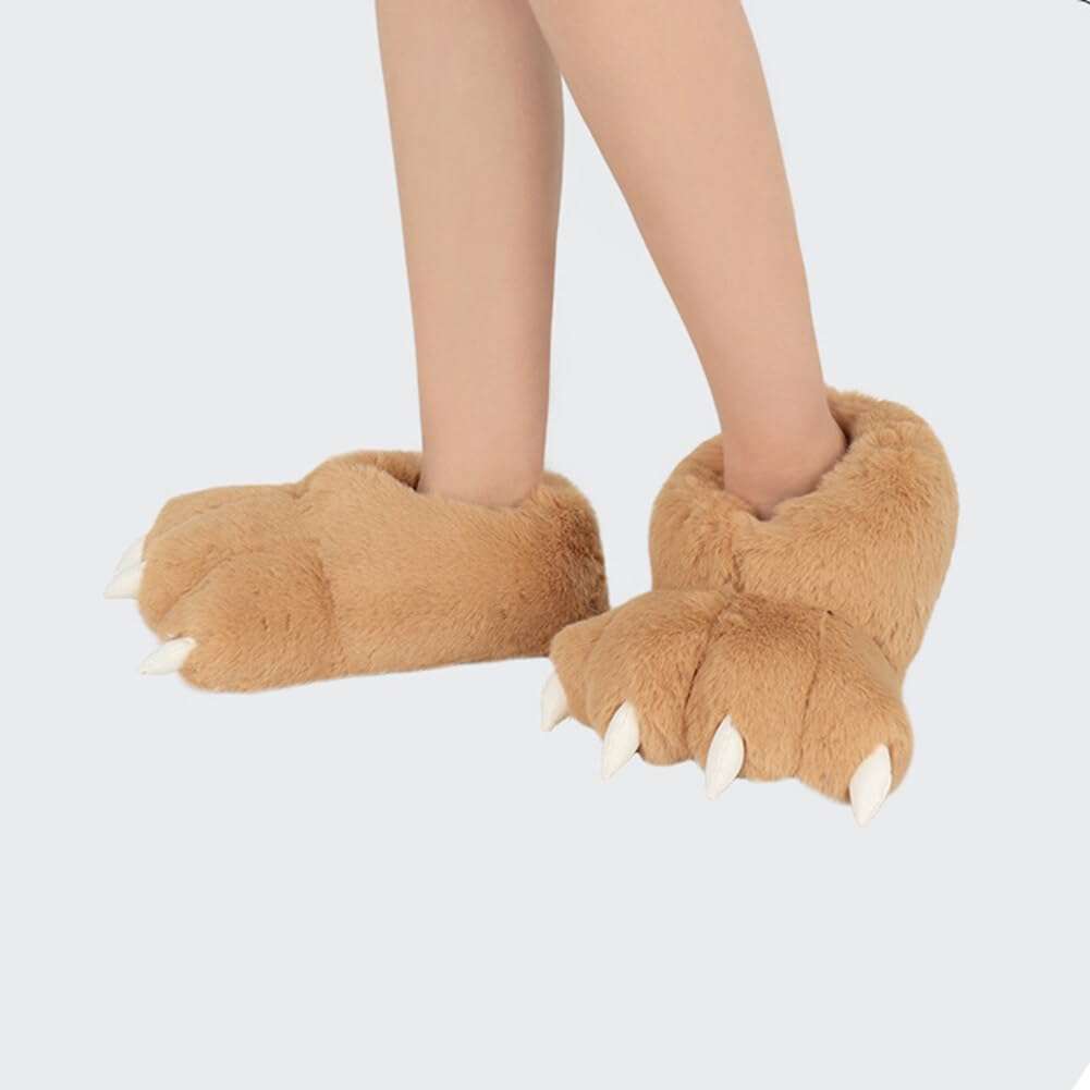 Animal Paw Slippers Plush Warm Home Closed Back Shoes Fluffy Funny Furry Bear Claw Anti Slip Slippers for Kids Boys Girls Adults Women Cosplay Holiday Indoor Winter (Camel) 5