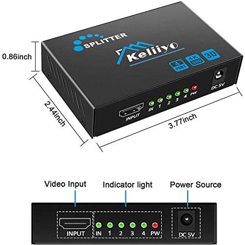 HDMI Splitter 1 in 4 Out - KELIIYO 4K Hdmi Splitter 1x4 Ports Powered HDMI Splitter Supports 3D 4K@30HZ Full HD1080P for Xbox PS4 PS3 Fire Stick Roku Blu-Ray Player HDTV (1 Input 4 Output) 4