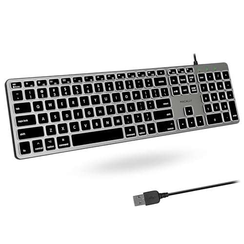 Macally Backlit Mac Keyboard - Quiet, Sleek, and Functional - 3 Brightness Levels, 107 Keys, 5ft USB Wired - Apple Keyboard - Backlit Wired for Mac, iMac, MacBook Pro/Air - Space Gray