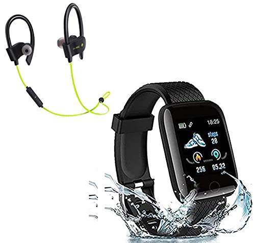 Exxelo (5 Years Warranty Waterproof 1.3" SmartWatch D116 Bracelets Fitness Tracker Heart Rate Step Activity Wristband with Wireless QC10 Bluetooth Headset Earphone inbuilt Rechargeable Battery 1