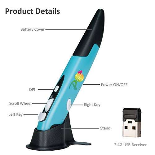 Wireless Optical Pocket Pen Mouse,Promi 2.4 Ghz USB 3.0 Wireless Optical 2-in-1 Digital Pen Mouse & Adjustable 800/1200/1600 DPI,Ergonomic Mouse for MacBook Notebook Desktop (Blue) 3