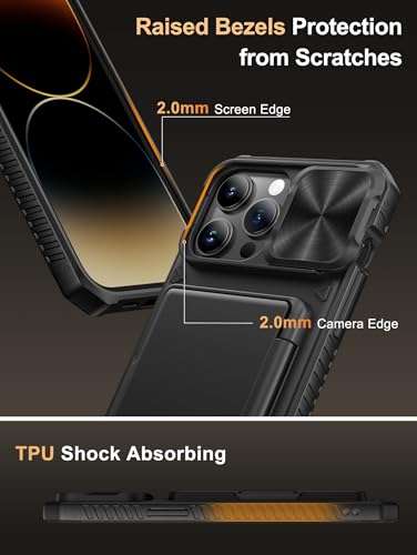 Vihibii for iPhone 14 Pro Max Back Cover with Card Holder (4 Cards) [RFID Blocking] & Slide Camera Cover, Military Grade Drop Protection, Rugged Hard Back & Silicone Edge Wallet Phone Case 6.7", Black 6