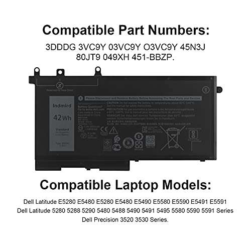INDMIRD 42Wh 3DDDG DELL Laptop Battery Replacement for Dell Precision 3520 3530 Latitude E5280 E5480 E5580 5280 5288 5290 5480 5488 5490 5491 5495 5580 5590 3VC9Y 45N3J 80JT9 049XH 451-BBZP 11.4V 3