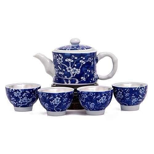 Silver Household Teapot with Ice Plum Blue White Porcelain, 999 Sterling Kung Fu Tea Set, Pot for Home, Office & Gifts
