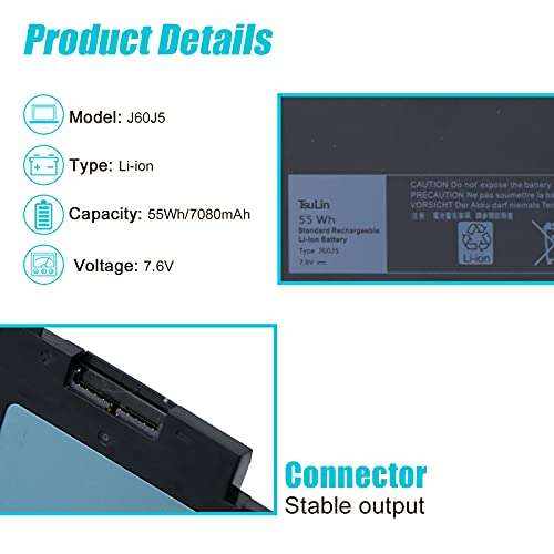 TsuLin J60J5 Laptop Battery Compatible with Dell Latitude E7470 E7270 7270 7470 Series R1V85 01W2Y2 1W2Y2 451-BBSX 451-BBSY 451-BBSU MC34Y 242WD GG4FM GG4FM R97YT 7.6V 55Wh 7080mAh 2