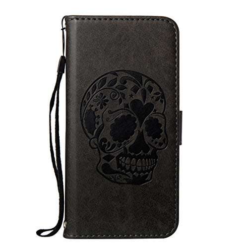 Jiangym Mobile Phone Leather Cases for Huawei P10 Skull Pressed Flowers Pattern Horizontal Flip Leather Case with Holder & Card Slots & Wallet & Lanyard (Black) Leather Cases (Color : Black) 1