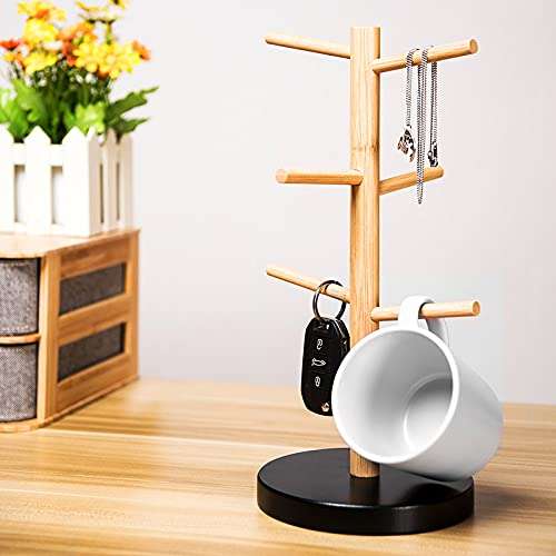 Wisuce Bamboo Coffee Mug Holder Tree, Thicker Base Coffee Cup Holder Stand for Counter, Mug Rack with 6 Hooks 3