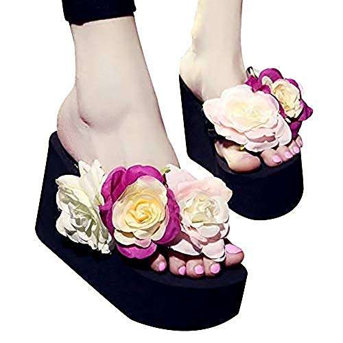 QZUnique Women's Handmade Flowers Sandals Cute Slippers Non-Slip Flip Flops High-Heeled Slippers 2