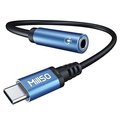 MillSO USB Type C to 3.5mm Headphone Jack Adapter, Sapphire Blue TRRS Type-C Male to 3.5mm Female Headset Jack Aux Audio Cable Cord Built-in DAC Chip for Headphone, Speaker, Car Stereo - 11 inch 1