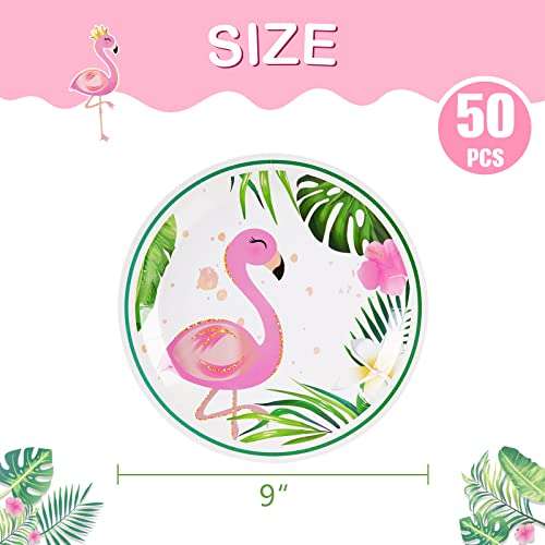WERNNSAI 50PCS 9'' Flamingo Plates - Hawaiian Luau Tropical Themed Party Supplies Disposable Paper Tableware Dinner Plates for Birthday Summer Pool Beach Picnic Party 2