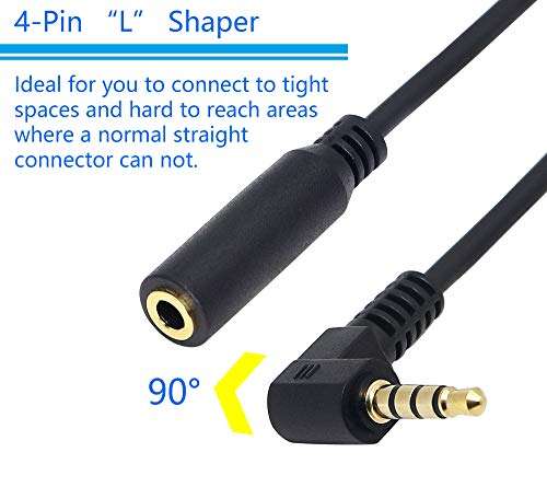 CERRXIAN 3.5mm Extension Cable, 90 Degree Right Angle 3.5mm Male to Female Jack 4 Pole Extension Aux Audio Coiled Spiral Cable(Black) 2
