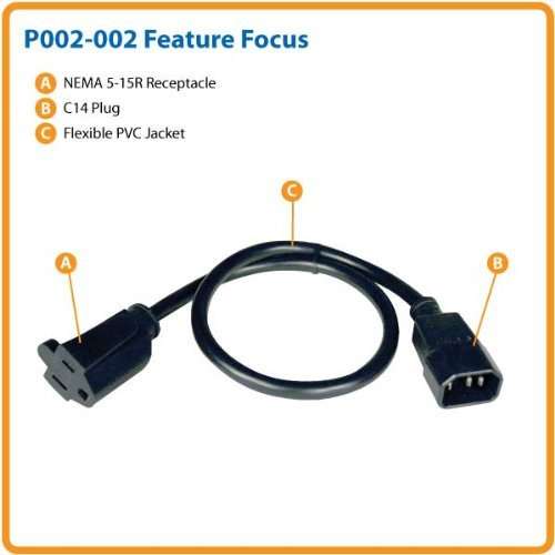 Tripp Lite Standard Computer Power Cord 12A, 16AWG (IEC-320-C14 to NEMA 5-15R) 2-ft.(P002-002) , Black 2