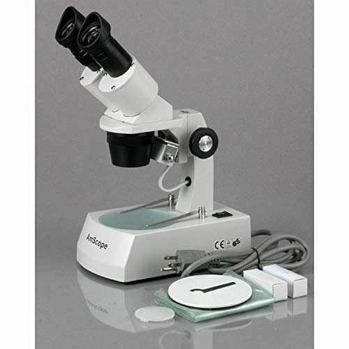 AmScope SE306R-AY Forward-Mounted Binocular Stereo Microscope, WF10x and WF15x Eyepieces, 20X/30X/40X/60X Magnification, 2X and 4X Objectives, Upper and Lower Halogen Lighting, Reversible Black/White Stage Plate, Arm Stand, 120V 3
