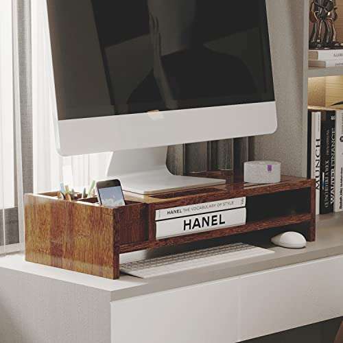 WAYTRIM 2-Tier Bamboo Monitor Stand, Wood Computer Monitor Riser, Wooden Desk Organizers with Adjustable Storage Accessories Shelf for iMac, Laptop, Printer - Classic Antique Brown 3