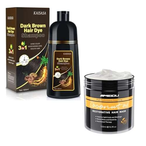 KAISASA Dark Brown Hair Dye Shampoo and Hair Restorative Mask Treatment Bundle Set